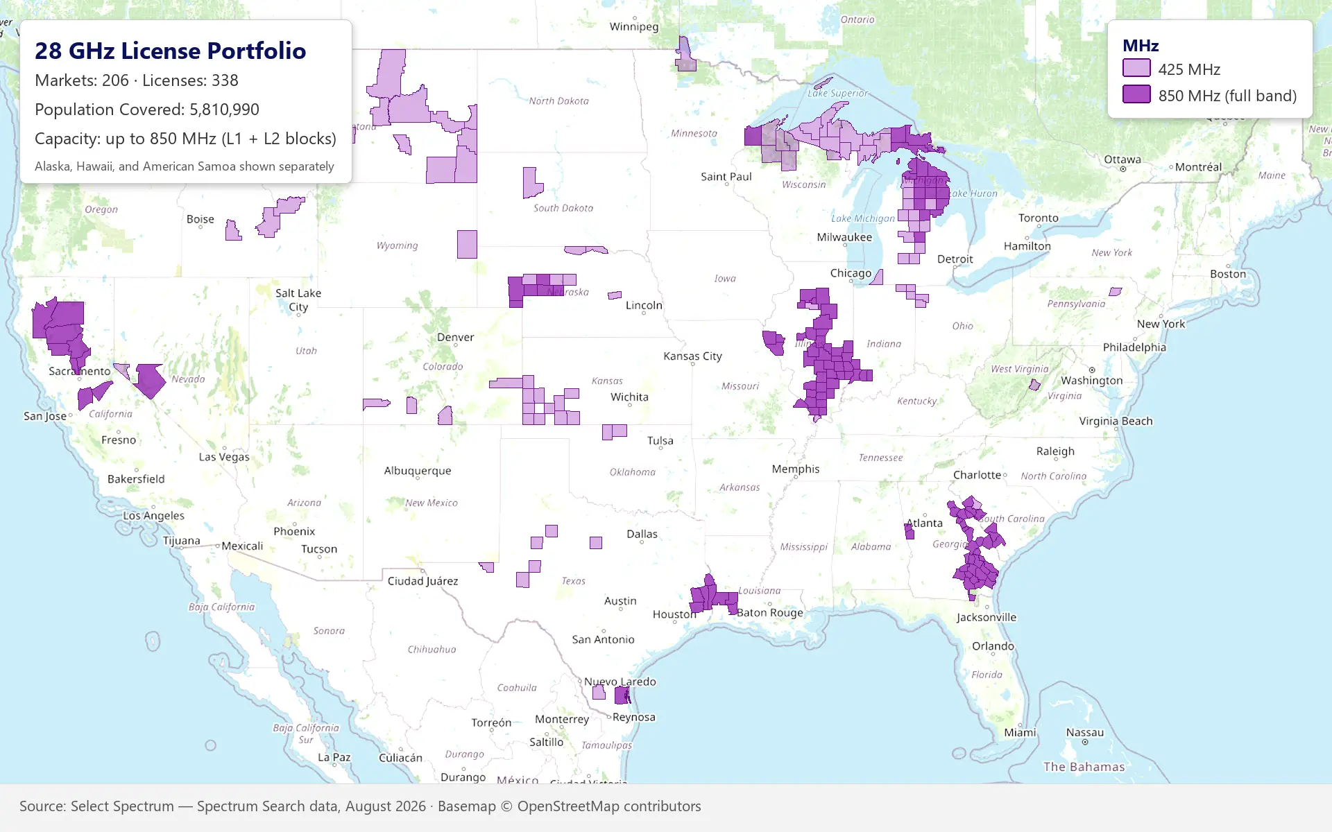 28 GHz License Portfolio map, enlarged view